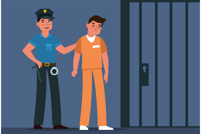 Jailer leads convict to prison cell. Policeman and prisoner in handcuf