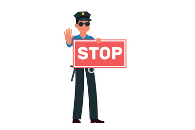 Policeman holding sign STOP and showing hand gesture stop. Police offi