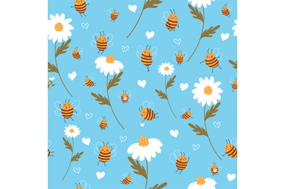 Seamless pattern with bees and daisies. Yellow cute striped insect and