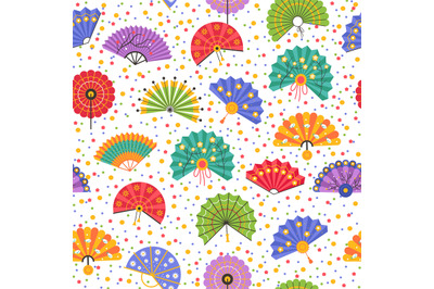 Seamless pattern with different fans. Japanese folding geisha accessor