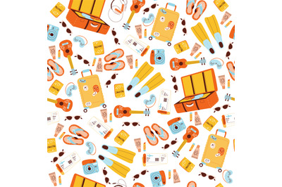 Seamless pattern with items for vacation trip. Summer tourism backgrou