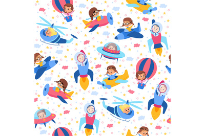 Seamless pattern with kids in airplanes and rockets. Space and sky adv