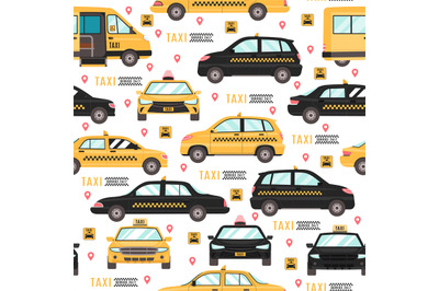 Seamless pattern with taxi cars. City transport. Yellow and black auto