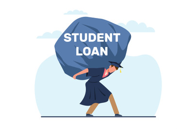 Student loan, man in graduated suit holding heavy student loan rock. E