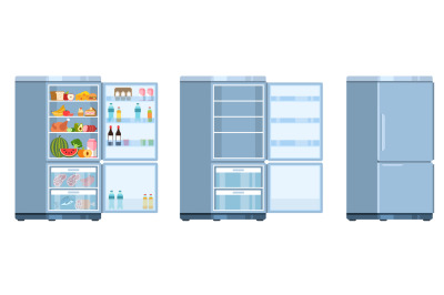 Open and closed refrigerator with and without products. Kitchen electr