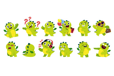 Cute cartoon dragon mascot. Kids dino character, baby fairy mythologic