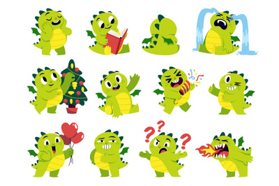 Baby funny dragon character. Cartoon dino mascot, different activities