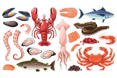 Cartoon raw sea food products. Marine and oceanic gourmet delicacies,