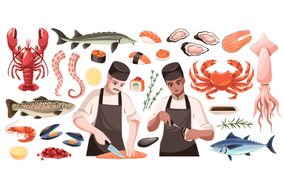 Chefs in sea food restaurant. Cartoon professionals in uniform, men cu