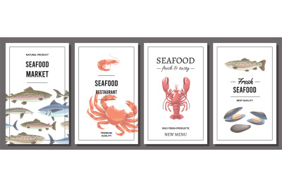 Seafood cards. Restaurant and cafe menu covers template, fresh fish, c