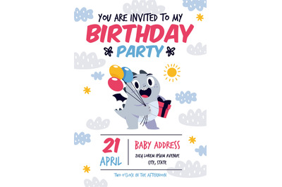 Cute dragon kids birthday invitation. Cartoon happy dinosaur holds gif