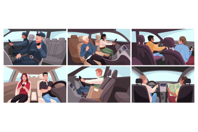 Drivers and passengers in car interiors. People in private cars&2C; polic