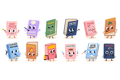 Book characters. Cute cartoon mascots, different genres literature, sm