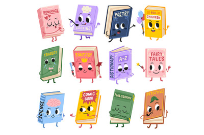 Cartoon funny books characters. Cute kids mascots with different emoti