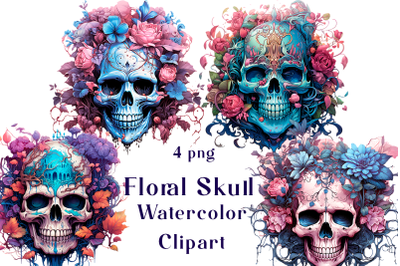 Floral Skull Watercolor Clipart