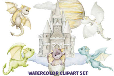 Dragons Set Watercolor Clipart Baby shower Nursery wall art digital Il