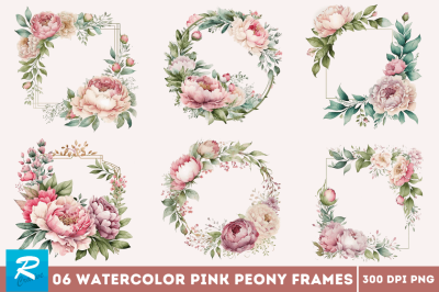 Watercolor Pink Peony Frames Clipart Bundle