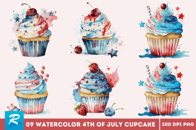 Watercolor 4th of July Cute Cupcake Clipart Bundle
