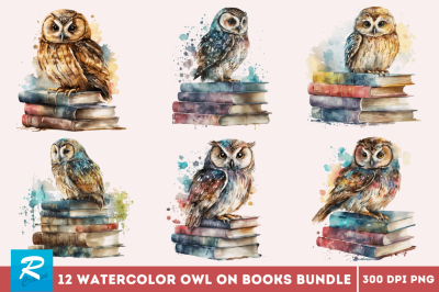 Watercolor Owl on Books Clipart Bundle