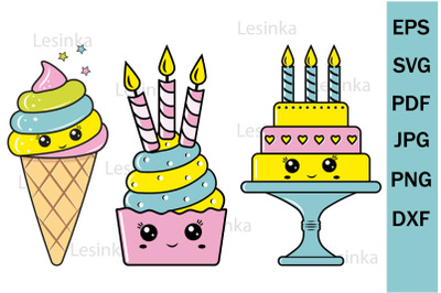 Festive clipart dessert kawaii characters for printing