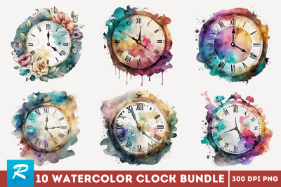 Watercolor Clock Clipart Bundle