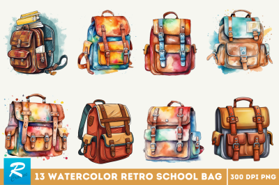 Watercolor Retro School Bag Clipart Bundle