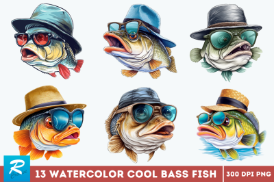 Cool Bass Fish Sublimation Clipart Bundle