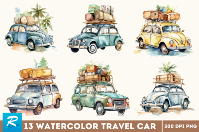 Watercolor Travel Car Clipart Bundle