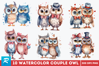 Watercolor Cute Couple Owl Clipart Bundle
