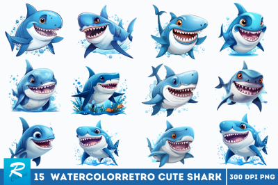 watercolor Cute Shark clipart Bundle