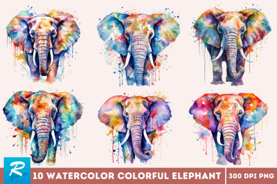 Watercolor Colorful Elephant Clipart Bundle