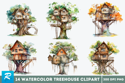 Watercolor Treehouse Clipart Bundle