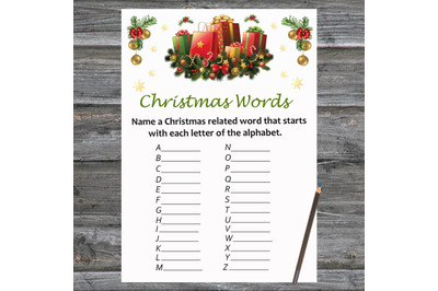 Presents Christmas card,Christmas Word A-Z Game Printable