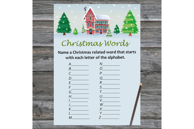 Winter house Christmas card,Christmas Word A-Z Game Printable