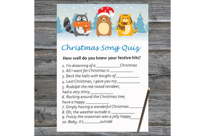 Winter animals Christmas card,Christmas Song Trivia Game Printable