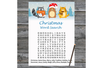 Winter animals Christmas card,Christmas Word Search Game Printable