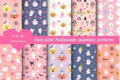 Cute pink Halloween seamless patterns
