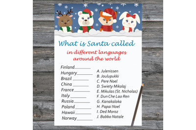 Winter animal Christmas card,Christmas Around the World Game Printable