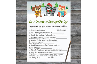 Woodland Winter animals Xmas card,Christmas Song Trivia Game Printable
