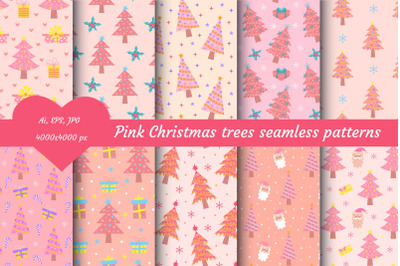 Pink Christmas trees seamless patterns