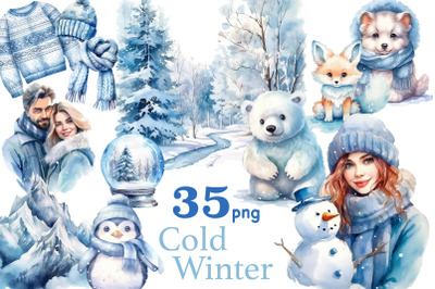 Cold Winter Clipart | Blue Christmas PNG Bundle