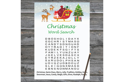 Santa reindeer Christmas card,Christmas Word Search Game Printable