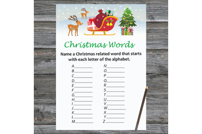 Santa reindeer Christmas card,Christmas Word A-Z Game Printable