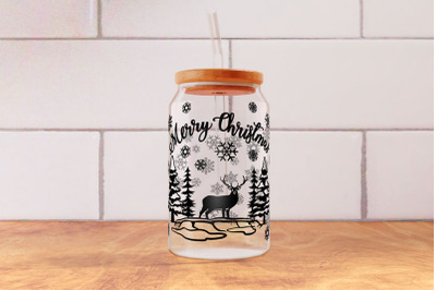 Merry Christmas Winter Scene with Deer 16oz Glass Can Wrap SVG PNG DXF