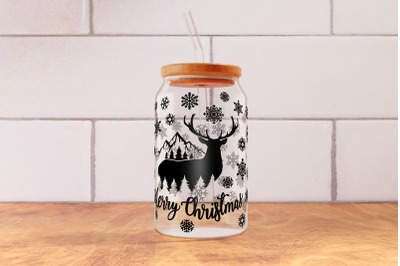 Merry Christmas Deer in Forest 16oz Glass Can Wrap SVG PNG DXF, Winter