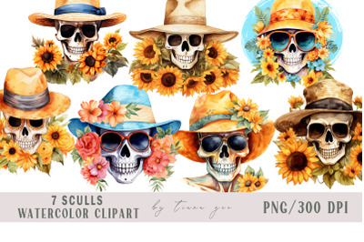 Sunflower fall skull with flower bouquet clipart- 7 png files