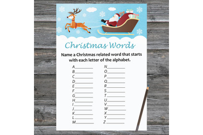 Santa reindeer Christmas card,Christmas Word A-Z Game Printable