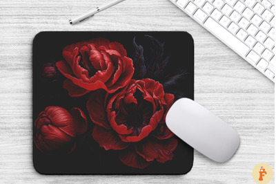 Deep Red Flowers On A Black Mouse Pad