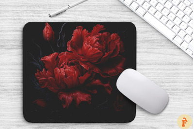 Deep Red Flowers On A Black Mouse Pad