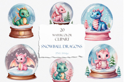 Watercolor Winter Snowball Dragons PNG